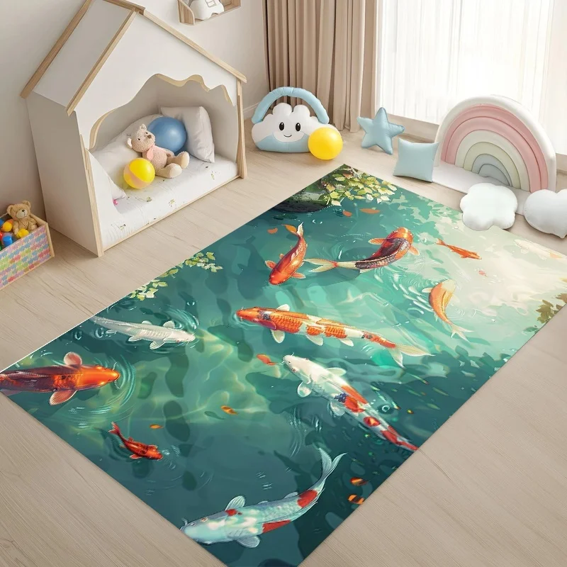 Watercolor Koi Fish Pond Oriental Area Rug Non Slip Soft Carpet Lucky Feng Shui Mat For Living Room Traditional Home Decor