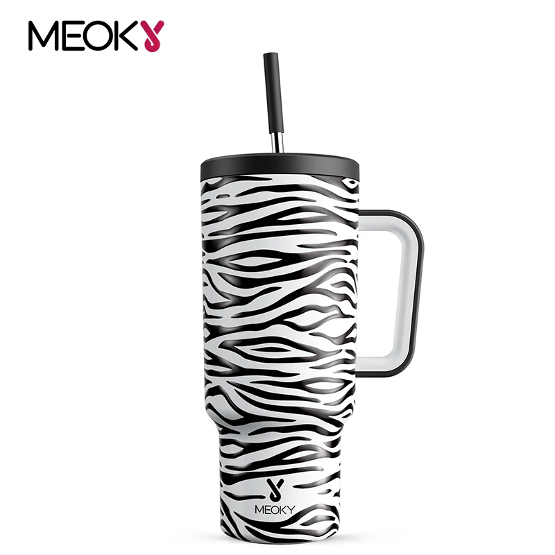 Meoky 40oz Insulated Mug Zebra Print Stainless Steel Tumbler with Handle Straw Lids Drinkwear Coffee Cup Vacuum Water Bottle