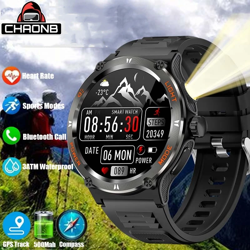 New Military Smartwatch Men Outdoor Sports Fitness LED light 3ATM Waterproof Connect Phone BT Call Smart Watch For Huawei Xiaomi