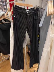 Black Stripes Pockets Slim Boot Cut Long Pant Summer Woman Low Waist Buttons Vintage Trousers 2023 New Fashion Streetwear Pants