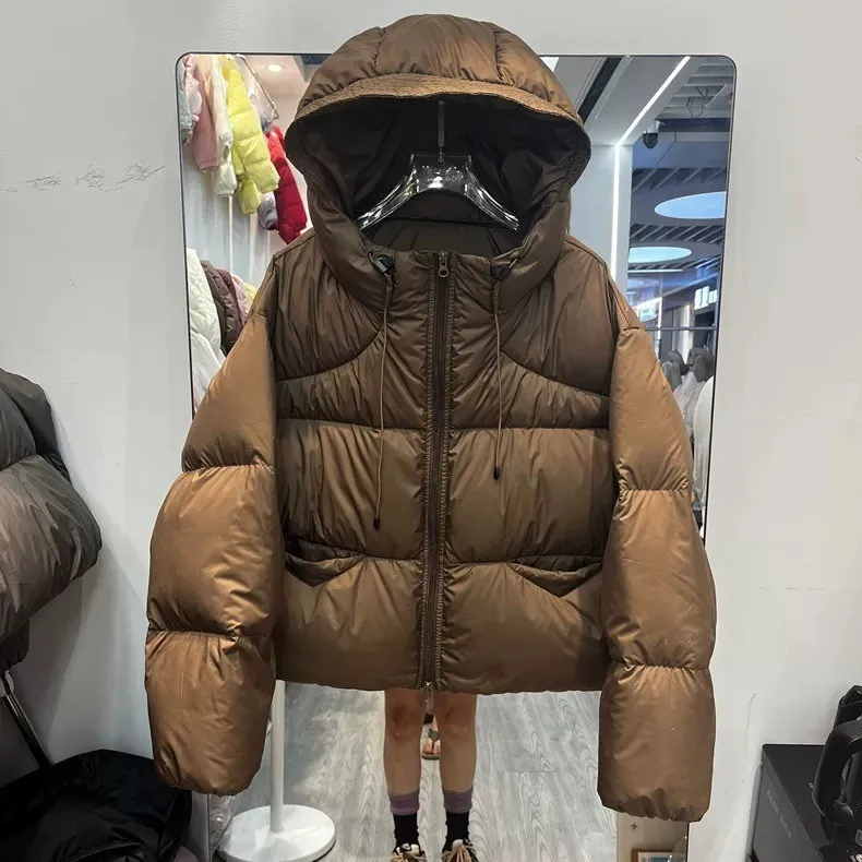 

2025 новые модные зимние женские однотонные стеганые куртки с длинными рукавами и капюшоном, женские повседневные модные простые базовые парки, одежда