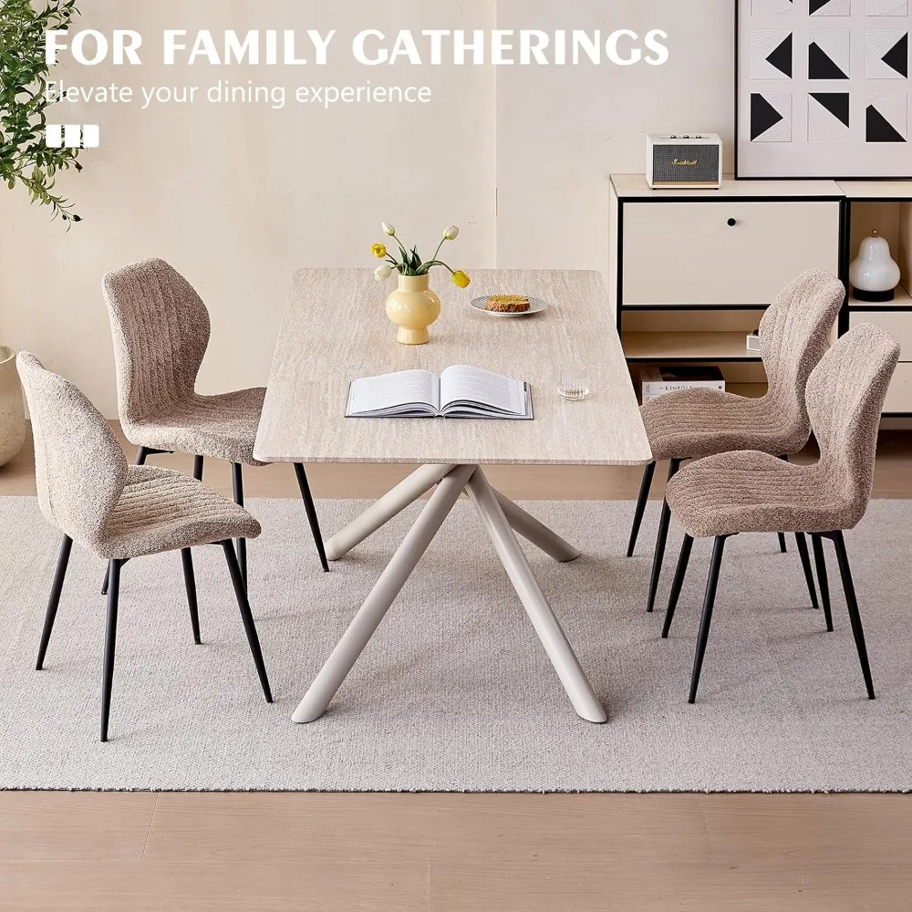 "طاولة طعام مستطيلة مقاس 70.8 بوصة تتسع لـ 4-6، قاعدة معدنية متقاطعة الأرجل، بلوزة منقوشة بالحجر، طاولة عشاء مطبخ حديثة"