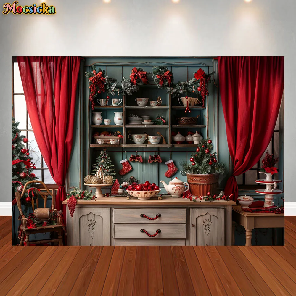 Christmas Kitchen Photography Background Winter Window Xmas Tree Gifts Kids Family Portrait Decor Backdrop Photo Studio Props