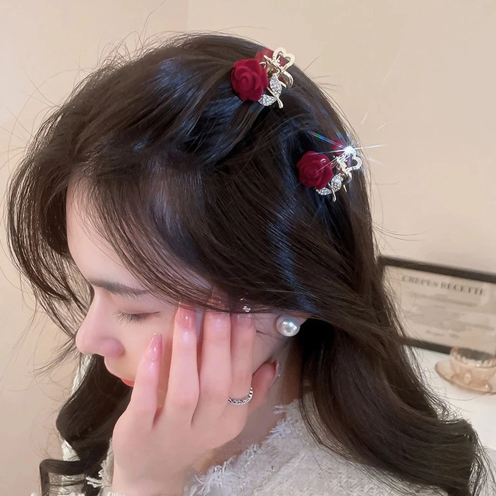 1 قطعة مقاطع الشعر الفاخرة حجر الراين روز الحلو الأحمر زهرة دبابيس الشعر للنساء إكسسوارات الشعر المشابك المجوهرات #2