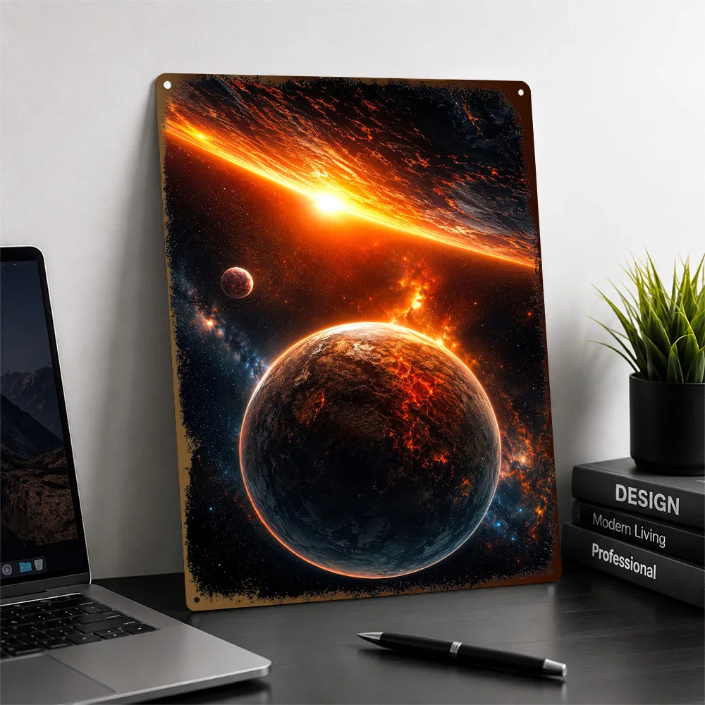Fiery Planet In Deep Space Aluminum Poster Scenic Wall Art For Living Room Or Entryway Customized Metal Sign Housewarming Gift