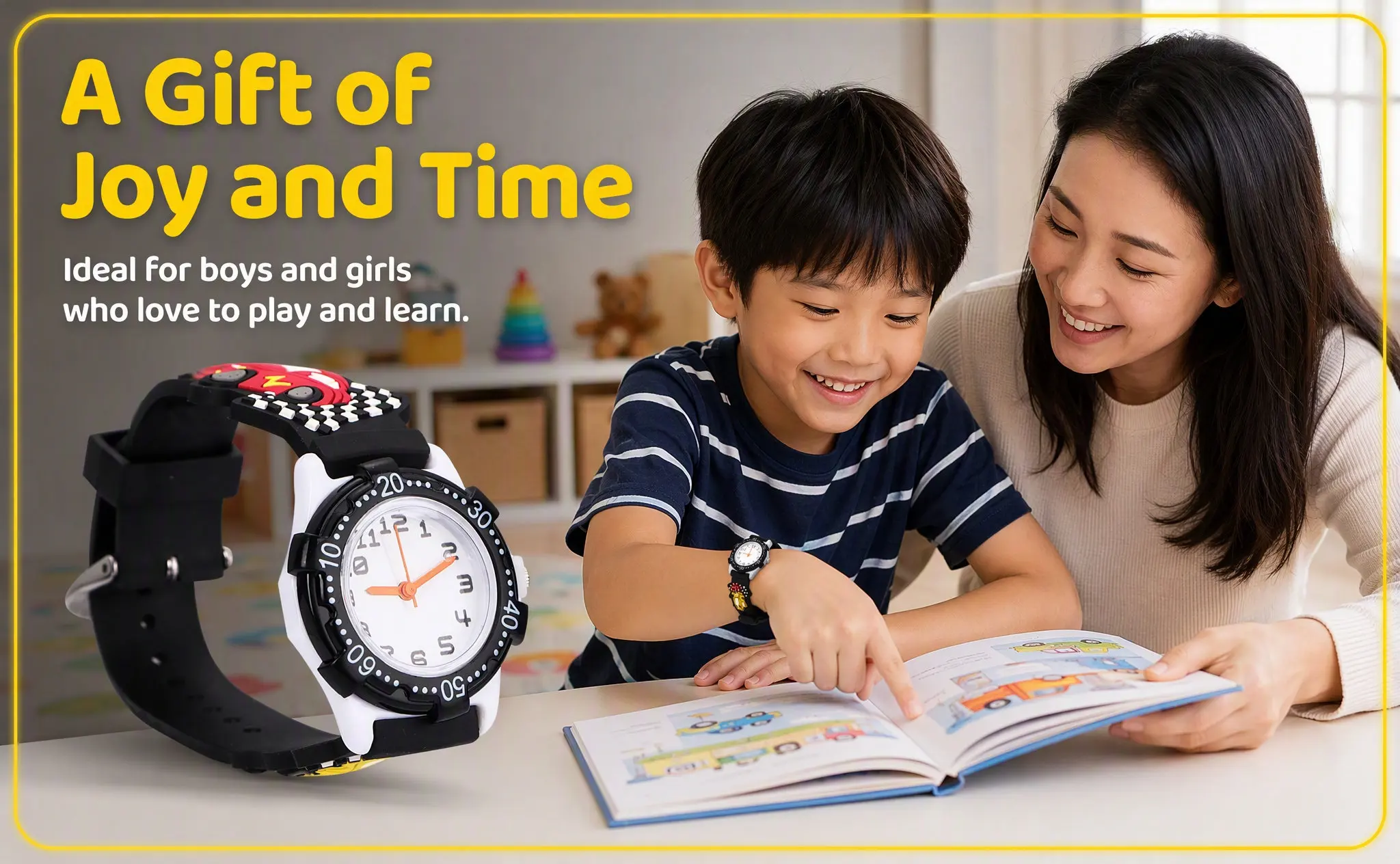 Cartoon Car Pattern Kids Watch 3D Design Comfortable Waterproof Children Wristwatch Black Suitable for Boys Girls