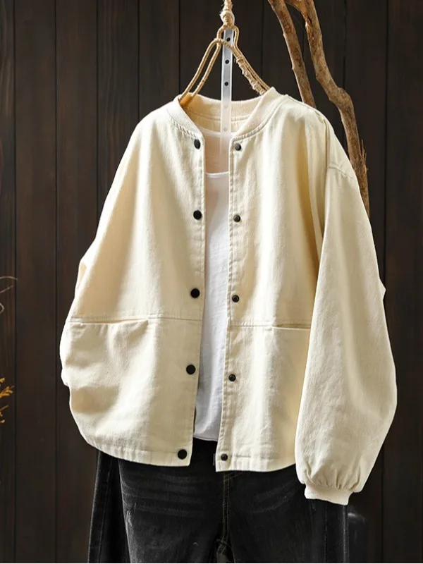 Jaqueta de Aodão Estilo Baseball Solta com Gola Alta e Dois Bolsos para Mulheres Tamanho Plus Casual Cardigan Aberto