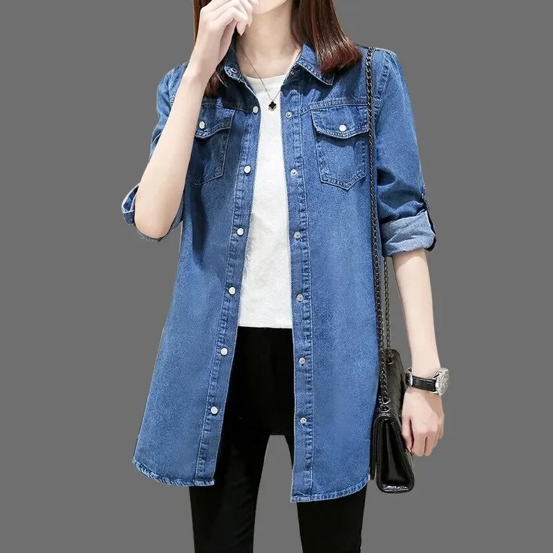 Denim Shirt Jacket Women's Long Sleeve Korean Spring Autumn Mid-Long Loose Shirt Versatile Tops Ladies Denim Cardigan Boulse