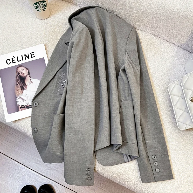 Grey Casual Long Sleeve Loose Short Blazer Women's Fashion Simple Basic Embroidered Pocket Office Lady French Elegant Jacket
