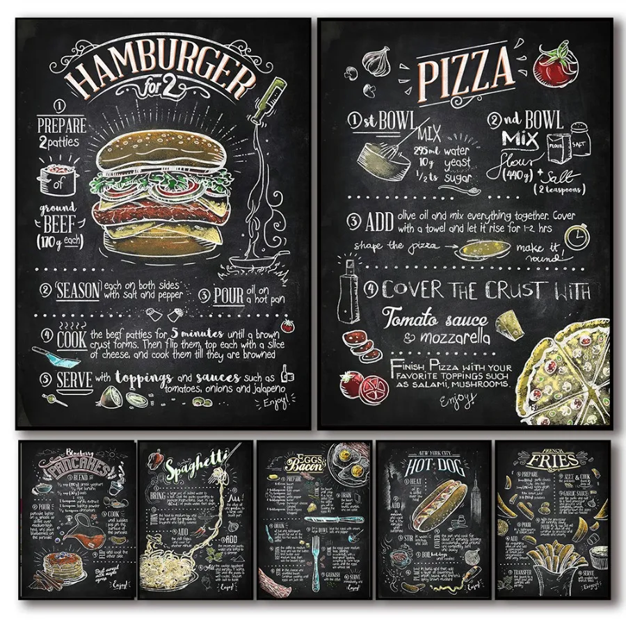 Vintage Hamburg Pizza Hotdog Essen Poster Drucke Leinwand Malerei Wand Kunst Pommes Frites Pasta Menü Küche Home Restaurant Dekor