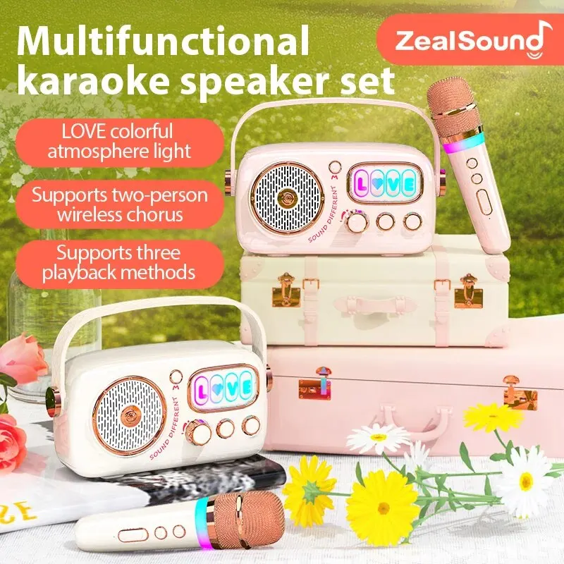 Zealsound Karaoke Machine with Two Wireless Microphones, Portable Bluetooth Speaker with RGB Lights for Kids Adults Home Party