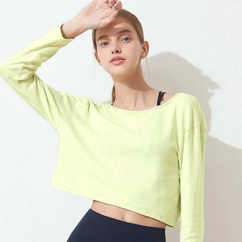 Damskie koszulki oversize ze 100% bawełny, bluzki z długim rękawem, koszulki do biegania, jogi, topy, koszulki do ćwiczeń, odzież dla młodych kobiet. — zdjęcie 6