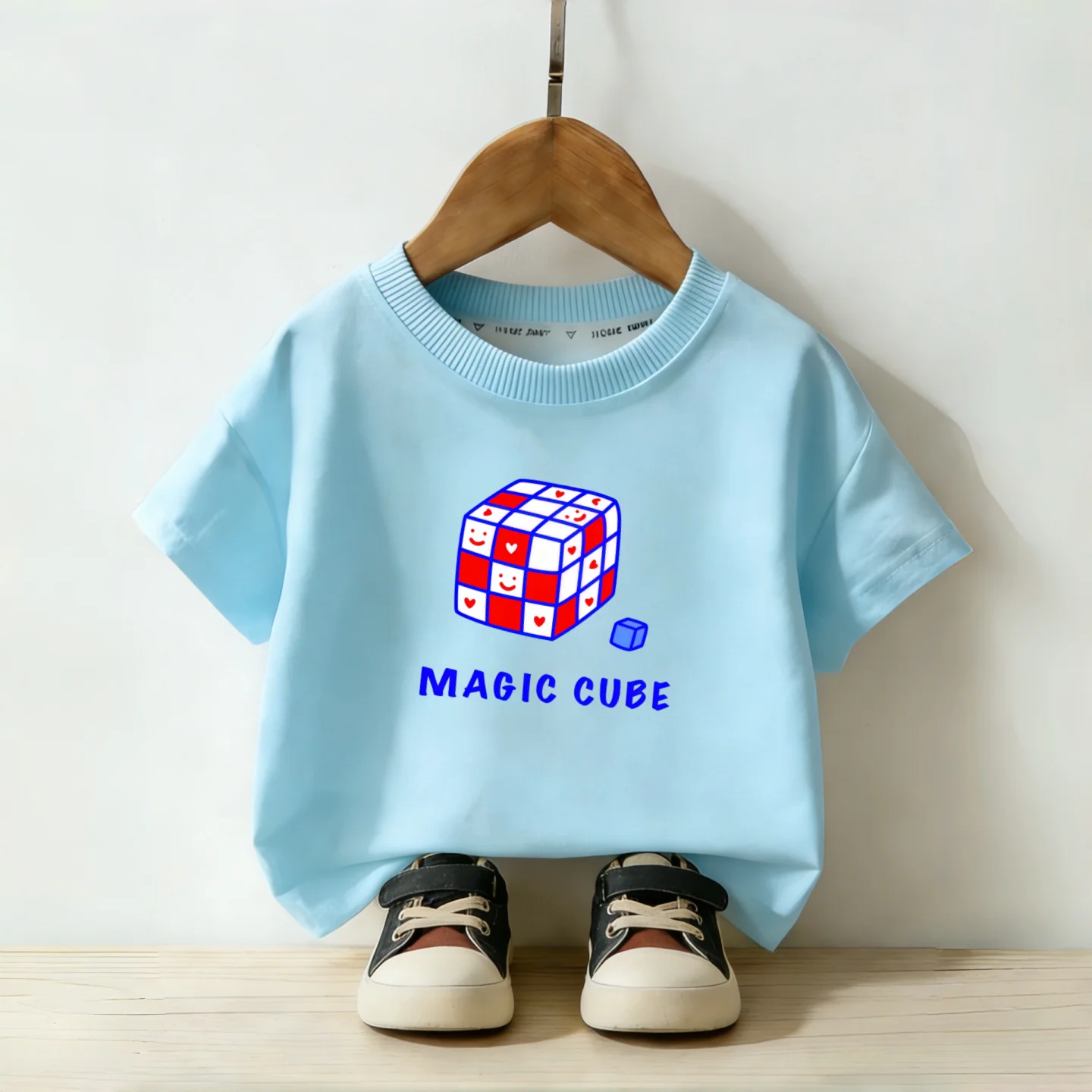 Cartoon Rubik's Cube Printed Children's T-shirt Round Neck Loose Casual Versatile Cotton Top Summer Trendy Family Short Sleeve