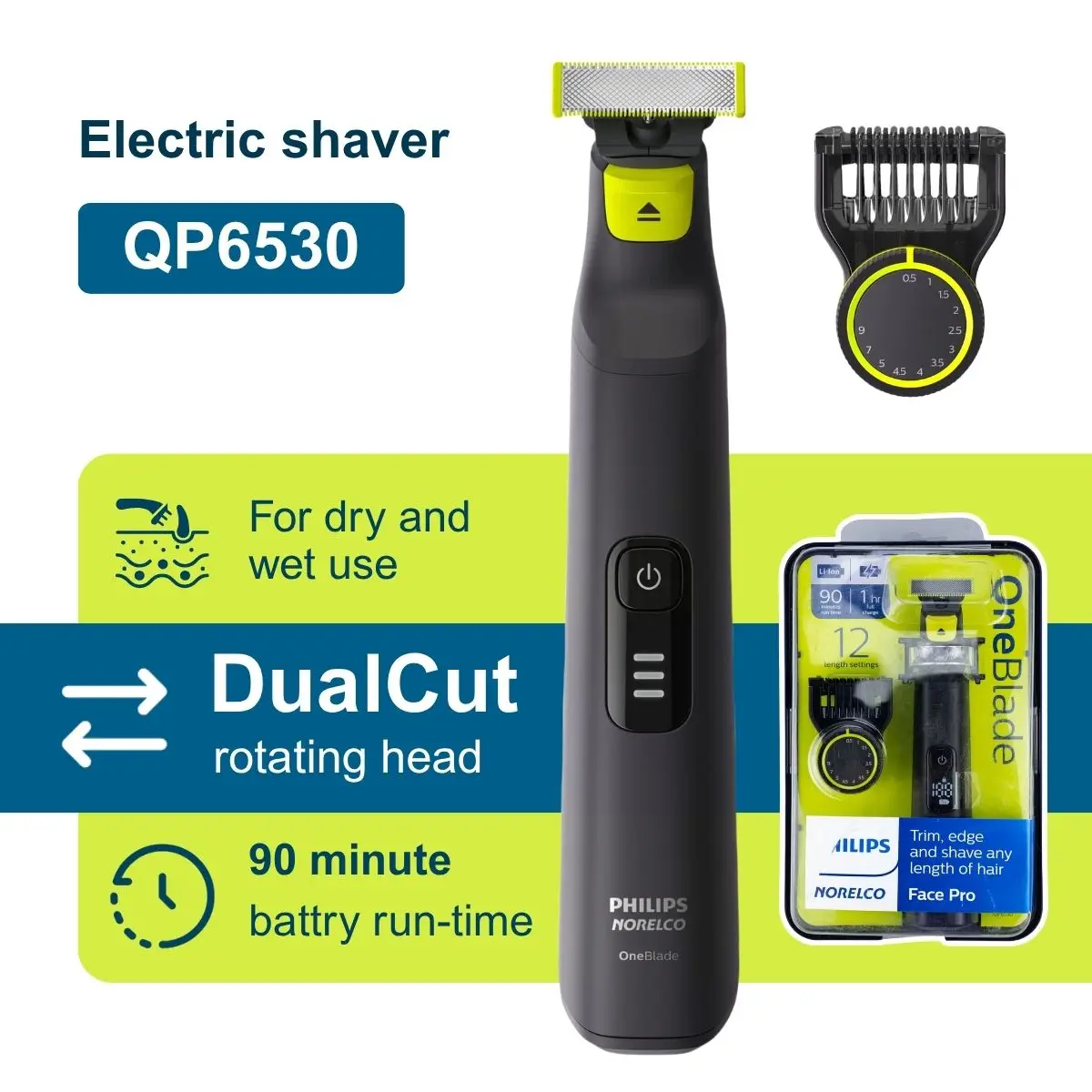 

Philips Norelco OneBlade Pro Гибридный электрический триммер и бритва, черный, 2 шт., QP6530/70, старая версия