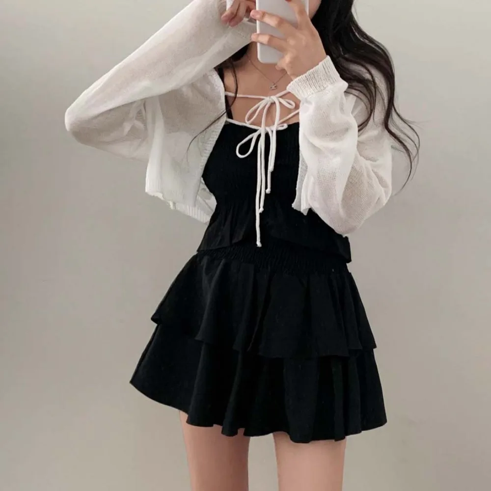 سترة نسائية محبوكة طويلة من Sve لربيع وخريف كورية أنيقة ملفوفة على الكتف وعقدة ملونة