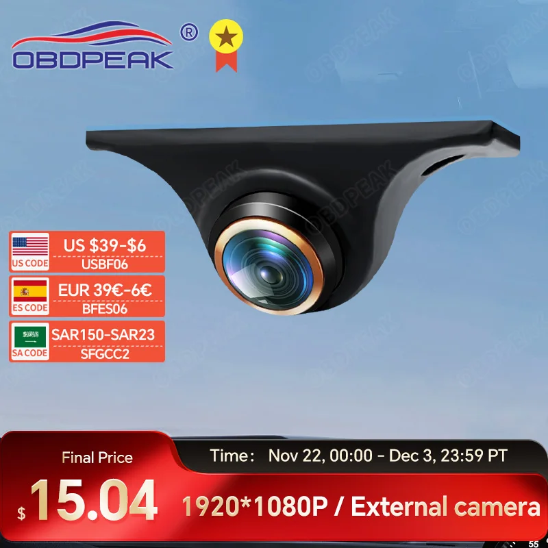 AHD 1080P Front Side Rear View Camera Night Vision 170° Golden Fisheye Lens Car Reverse Backup Cam For OBDPEAK Dash cam