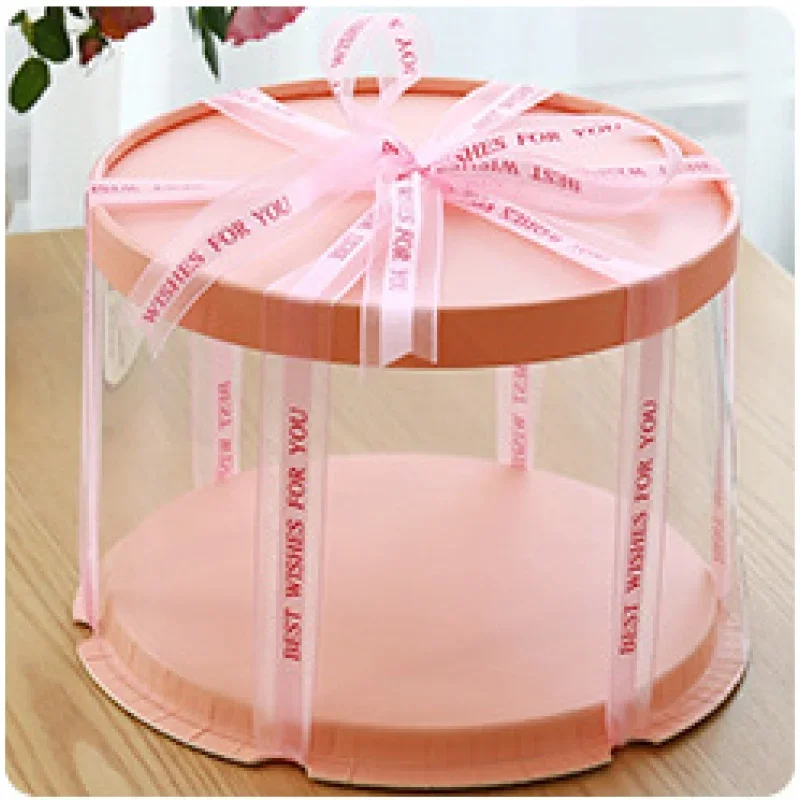 กล่องเค้กสีชมพูทรงสูงสีขาวห่อขนมเค้กกลมสำหรับงานแต่งงานกล่องเค้กของขวัญวันเกิด