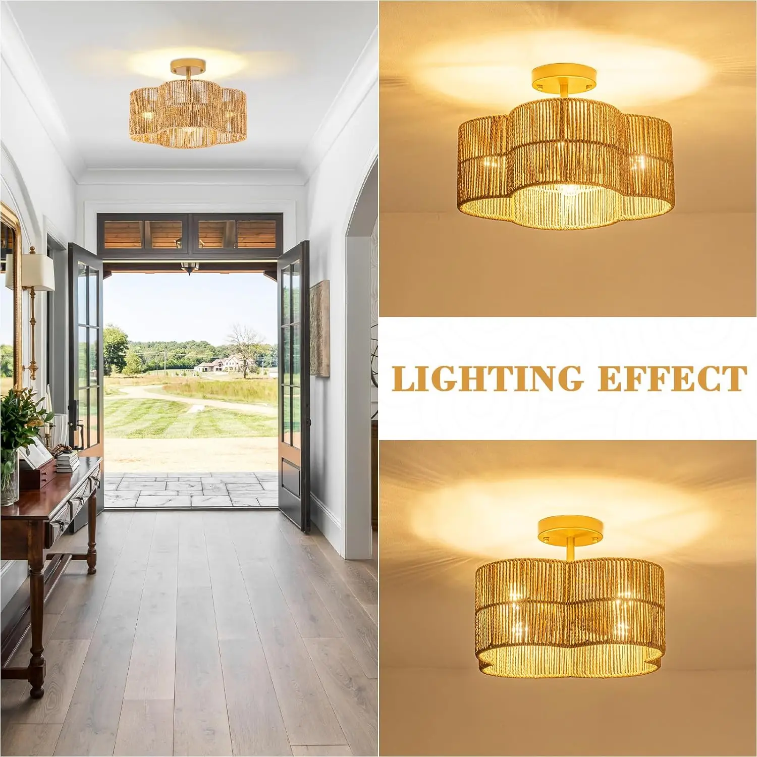 4-Light Rattan Light Fixtures Ceiling Light, 15