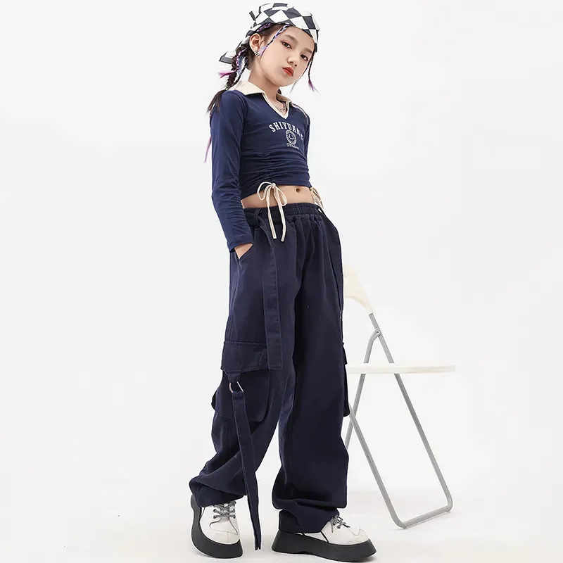 Children's Jazz Dance Show Costume for Girl Fashion Streetwear Long Sleeves Crop Top Cargo Pant Set Urban Kid Model Stage Outfit