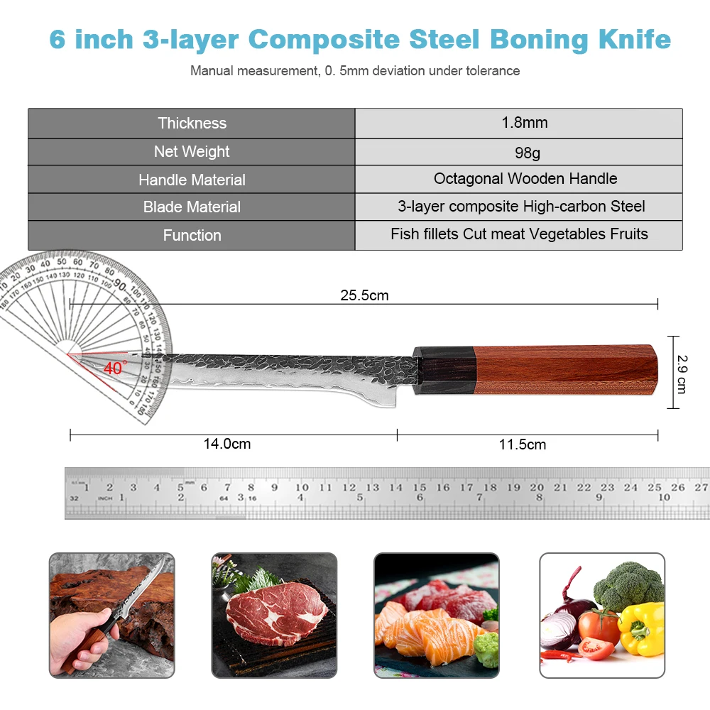 XITUO Professional household boning knife with sharp 3-layer composite steel for cutting chicken & fish Ergonomic wooden handle