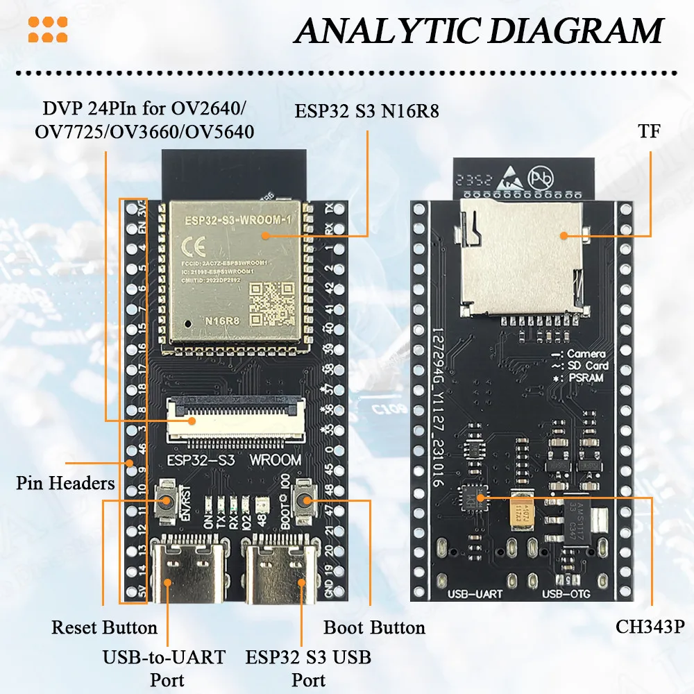 ESP32-S3 WROOM N16R8 Development Board 2.4G Wifi BT Camera Module for OV2640 OV5640 8MB PSRAM 16MB FLASH ESP32 S3 N16R8 CAM