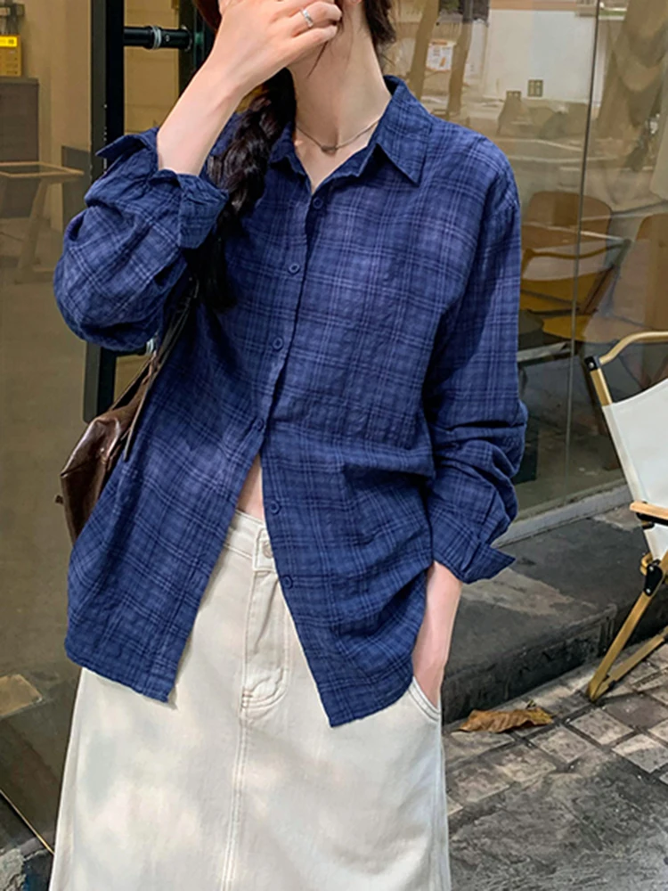 

Retro French Casual Slim Women Shirt Street Loose Fashion Plaid Woman Shirt Blue Chicly Simple Basic Long-Sleeved Shirt Female