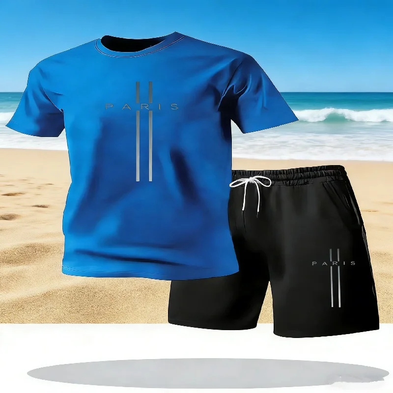 

Simple Solid Color Paris Letter Print T-shirt Shorts 2-piece Set Summer Large Size Casual Short Sleeve Men vacation y2k clothing
