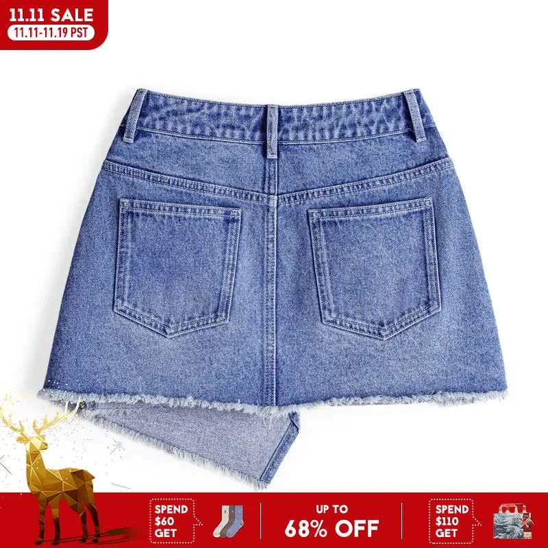 

Винтажная потертая синяя джинсовая юбка трапециевидной формы Maden, женская летняя асимметричная мини-юбка на пуговицах спереди, повседневная джинсовая короткая юбка