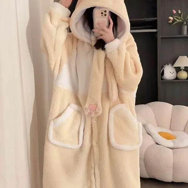 Winter Warm Velvet Hooded Nightgown Set Kawaii Plush Little Hamster Sleepwear Girls Thickened Casual Home Clothes Pajamas Set ﻿