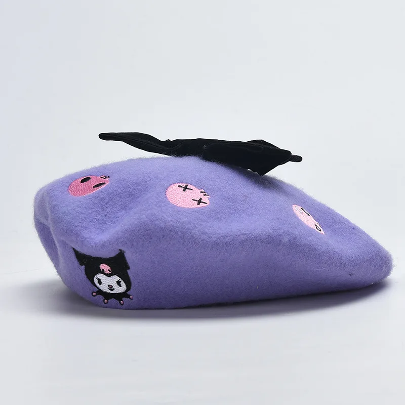 Kawaii Kuromi Women Beret Autumn and Winter Cartoon Versatile Bow Tie Painter Hat Wool College Girly Fashion Embroidery Hat Gift