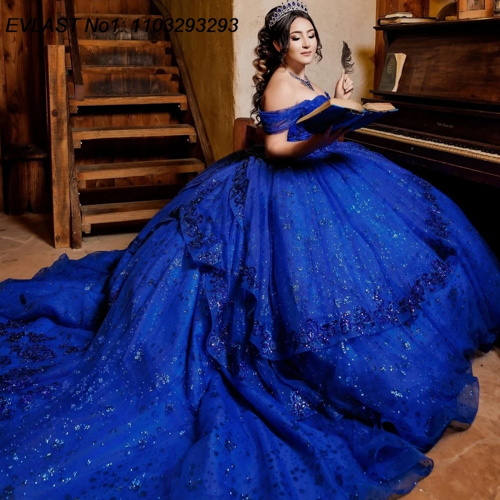 

EVLAST индивидуальное блестящее королевское синее платье Quinceanera, бальное платье с блестящей аппликацией и бантом из бисера, милое платье 16, Vestidos De 15 Anos E1QN807