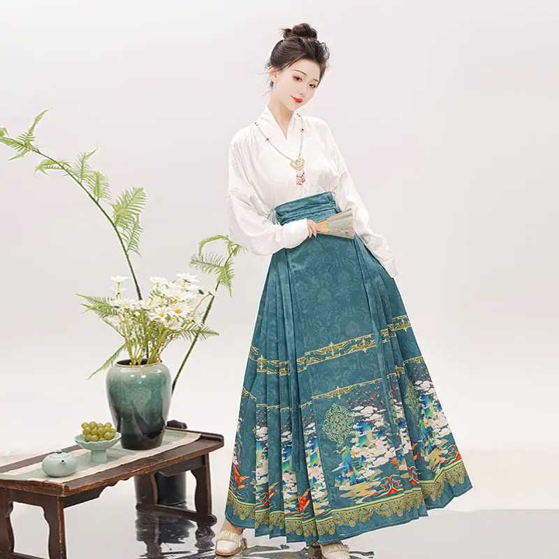 Hanfu tradisional Cina Set Wanita rok wajah kuda Set harian tambal sulam cetak musim dingin musim semi Cosplay gaun Cina