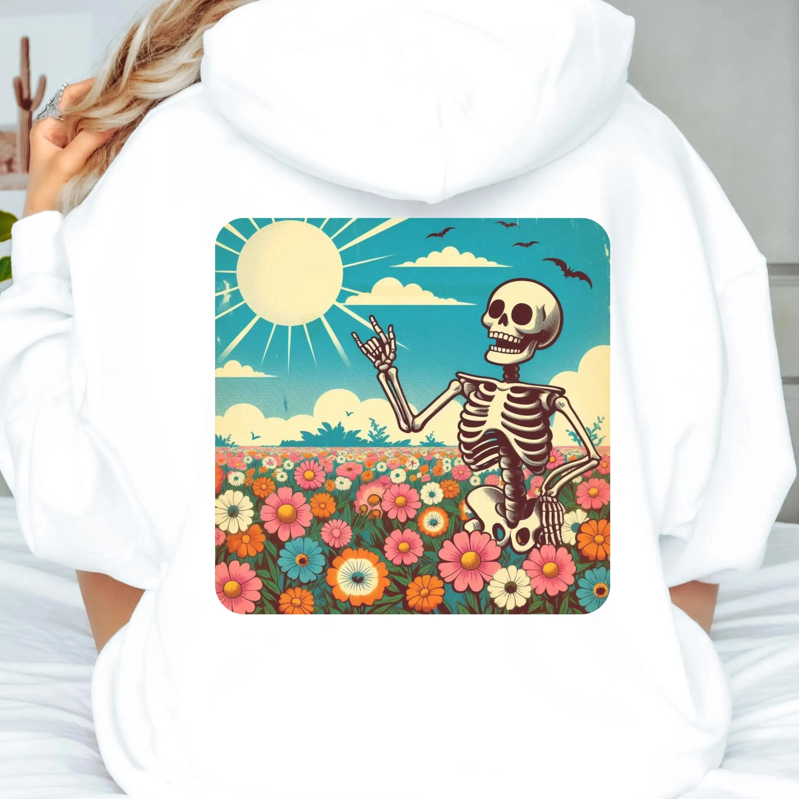 

Autumn and Winter Style Hippie - Chic Skeleton Hoodie Detailed Design, From The Skeleton's Pose To The Floral Pattern Experience