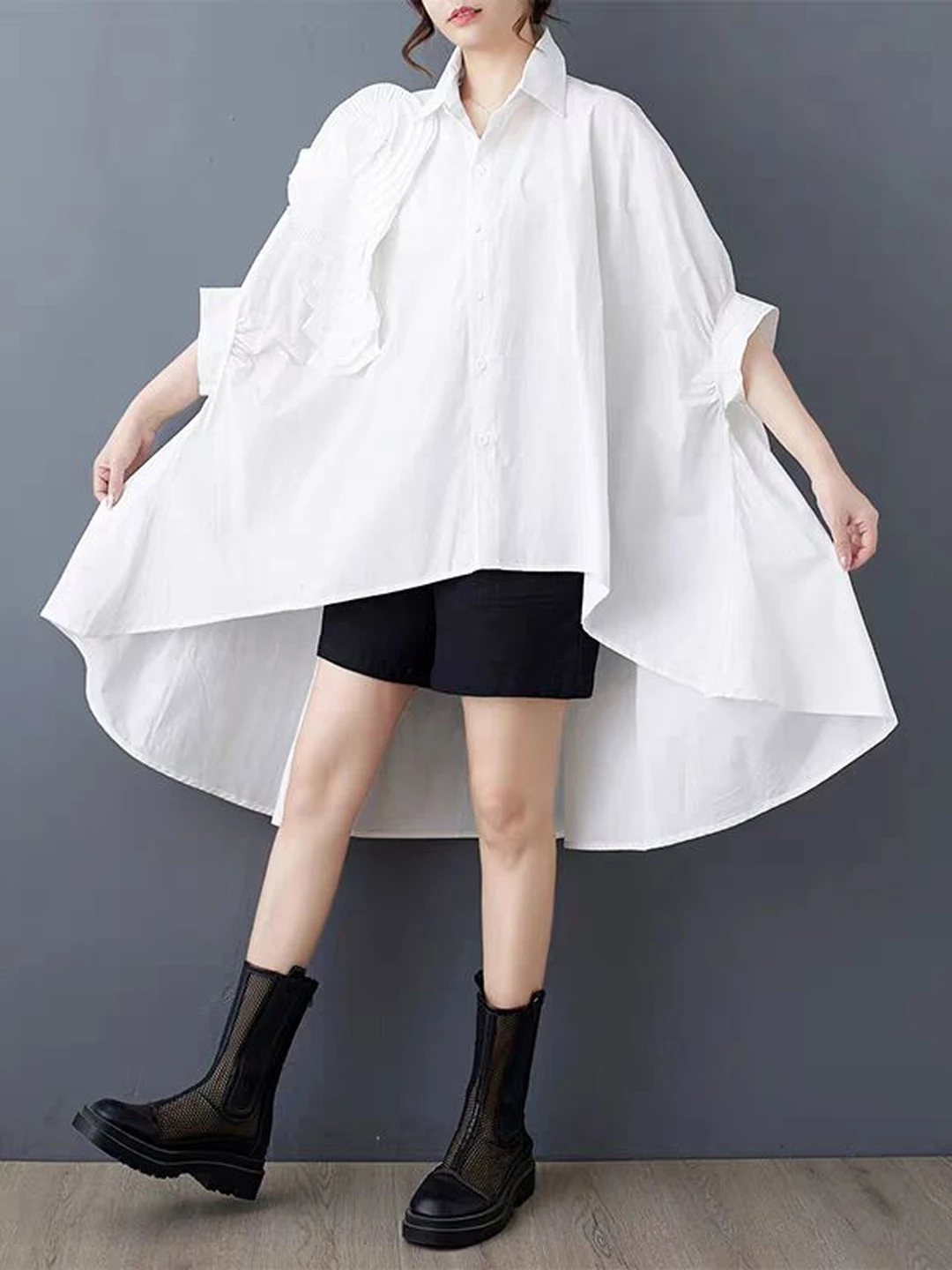 

Summer 2026 Loose plus Size Asymmetrical Design Batwing Sve 3D Flower Faion Meat Covering irt Dr Korean Sle