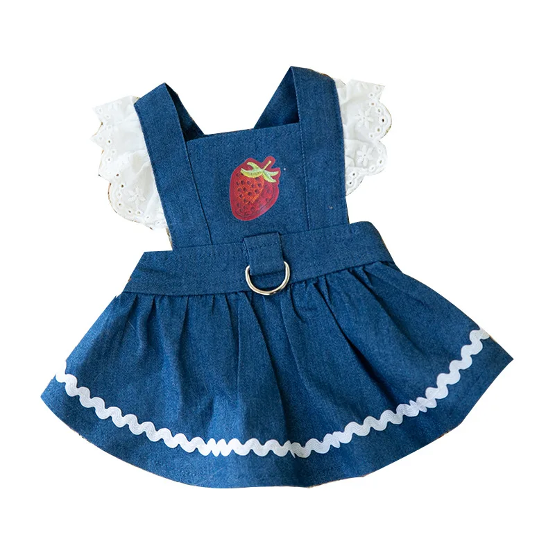 Cat Clothes Cute In Strawberries Tow Rope Two Feet Denim Skirt Puppet Blue Cat Hair Proof Pet Clothes Princess Summer Dress