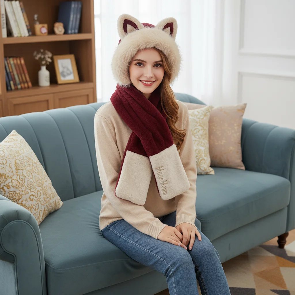 سميكة قبعة وشاح قفازات مجموعة الدفء غطاء حماية الأذن يندبروف الثعلب الأذن النساء بيني قبعة الشتاء قبعة متكاملة وشاح