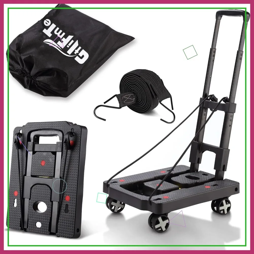 

Складная ручная тележка с 4 вращающимися колесами, регулируемой ручкой, легкая складная тележка для перемещения грузов - черная