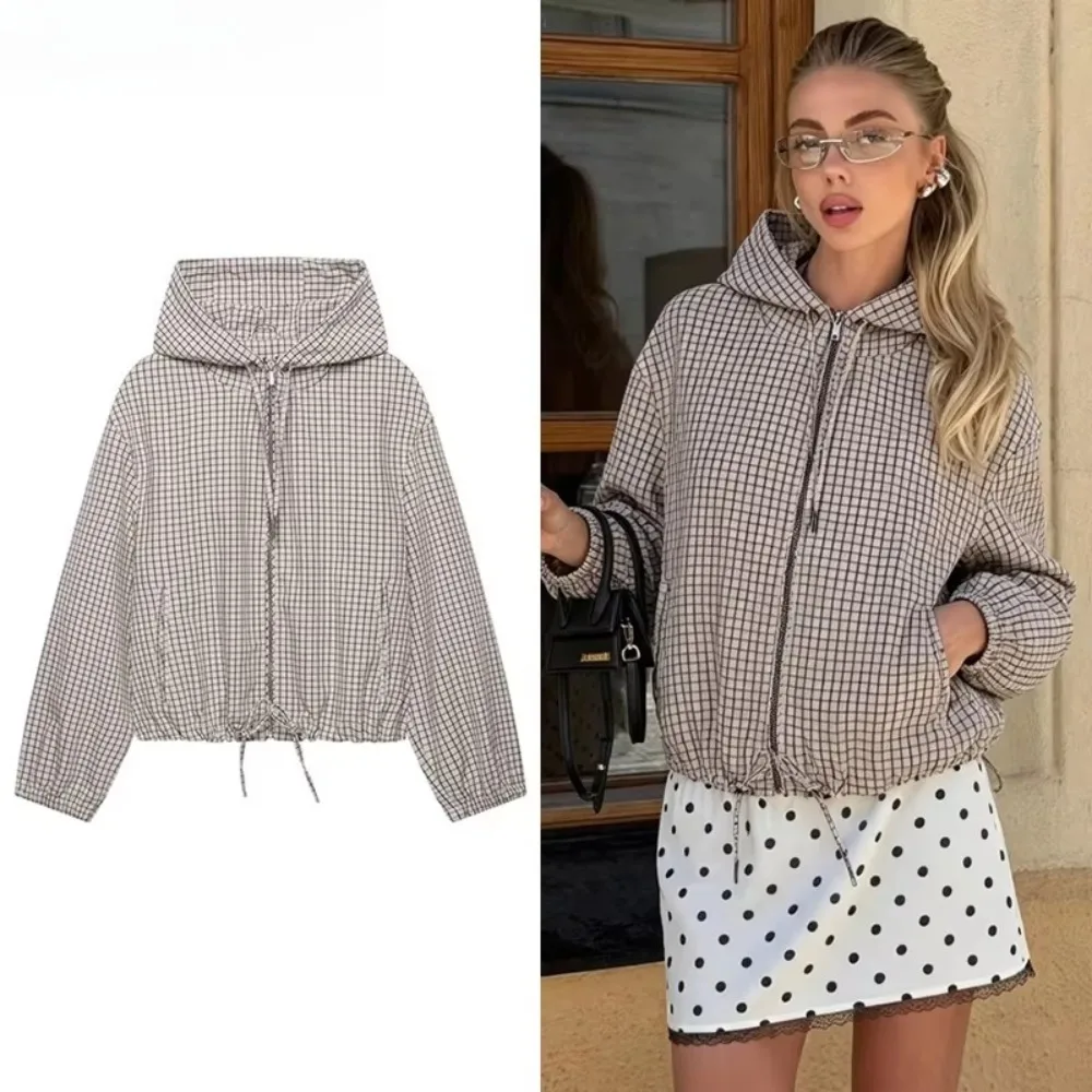 Damen Casual Trendige Frühling Herbst Karierte Jacke mit Kapuze und Reißverschluss-Taschen, Modische High-Street Coole Outfit-Jacke für Frauen – Detail 3