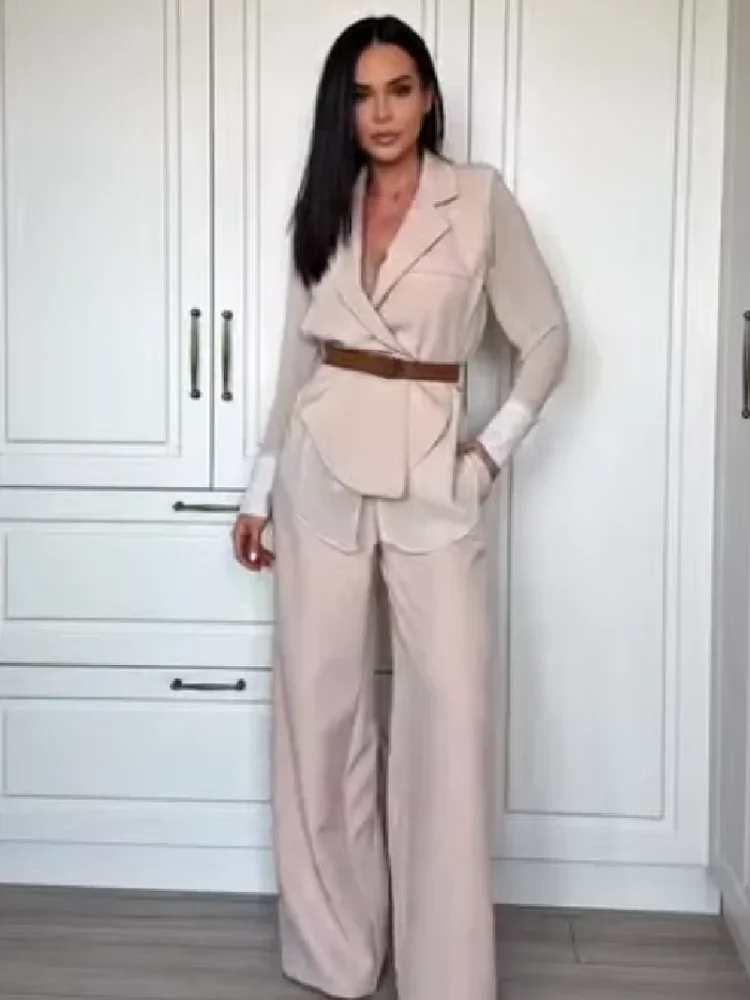 

Women's Chic Sheer Mesh Blazer Two-piece Set Elegant Solid Color Tie Front Long Sleeve Top Wide Leg Pants Suit Commuting Outfit