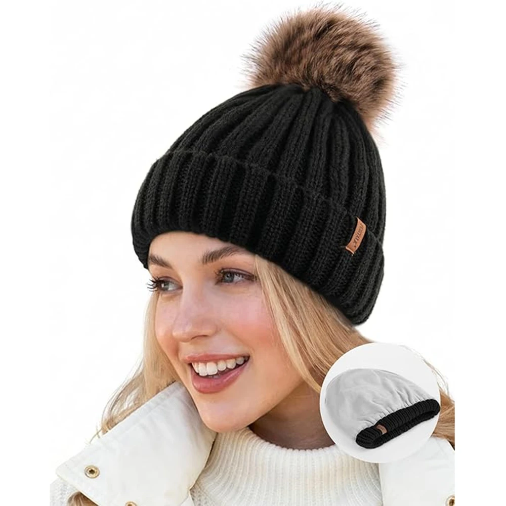 FURTALK Ladies Knitted Wool Hat with Double Layer Fleece Lining Ball Ornament Winter Ski Cap Unisex Warm Cosy Knit Hat for Women