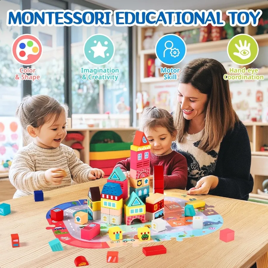 VigorFun 100 PCS Wooden Building Blocks Set City Builder Stacking Toy with Storage Bag Montori Preschool Toys for Toddlers Birt