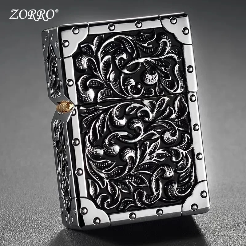 2024 New Zorro Brand Pure Copper Five-sided Arabesque Carving Pattern Windproof Kerosene Lighter Armor Men\'s Collection Gift