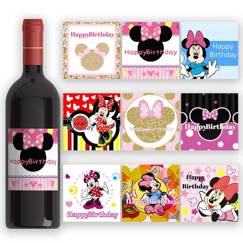 24pcs Custom Disney Minnie Cartoon Wine Bottle Decorate Labels Personalized Stickers Children Birthday Theme Party Gift Packing