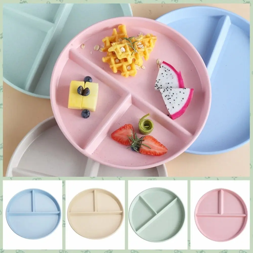 

Wheat Straw Round Divided Plate Kitchen Dinnerware Anti-fall Reusable Food Tray 3 Grids Compartment Plate Salad