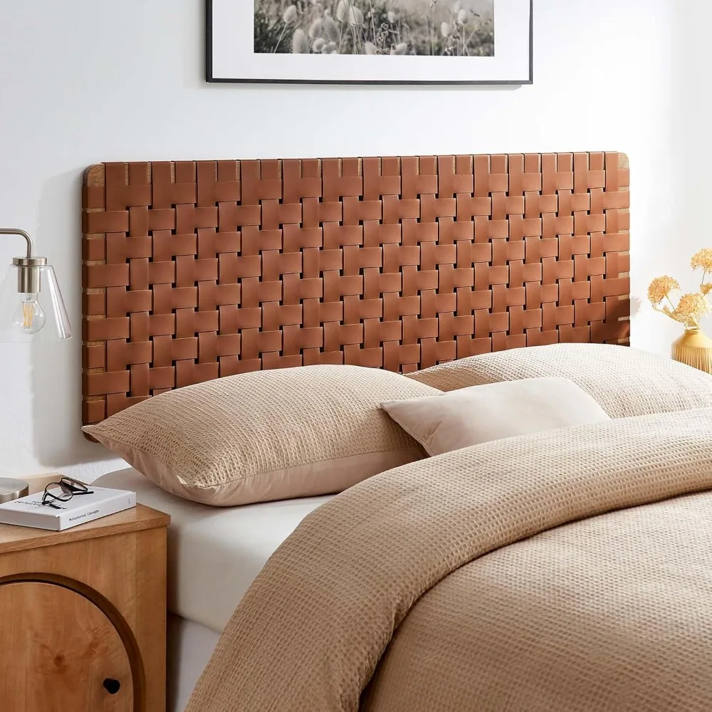 

Vegan Leather Weave Queen Headboard in Walnut Brown, Faux Leather Queen Headboard Only with Wall Mount Design