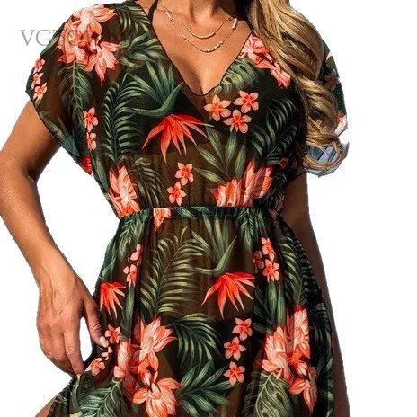 2026년 신상 플러스 사이즈 여름 패션 섹시 프린트 브이넥 루즈핏 대형 비치 드레스 비키니 수영복 커버업 여성용