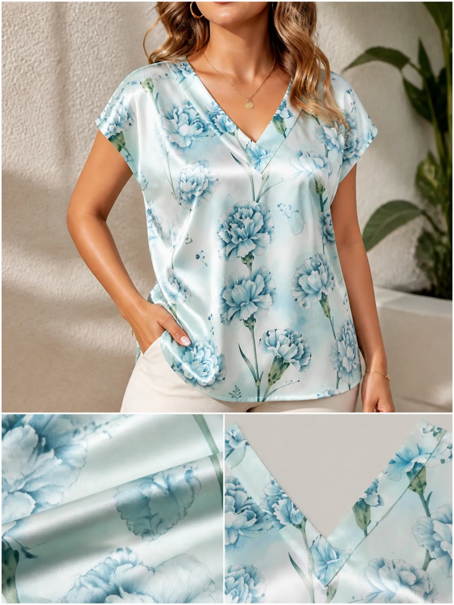 Blumiges Satin-Oberteil mit V-Ausschnitt für Damen, Kurzarm, Fließender Drapierter Schnitt, Seidig, für Büro, Urlaub, Abendessen, Leicht, Atmungsaktiv, Vielseitig