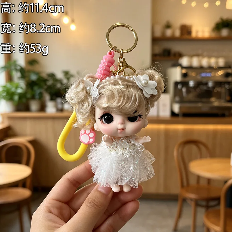 11cm Sweet Girl Doll Keychain Pendant Joints Moveable Gold Hair Mini Princess Doll Dress Up Toy Exquisite Girl Toy Bag Key Charm