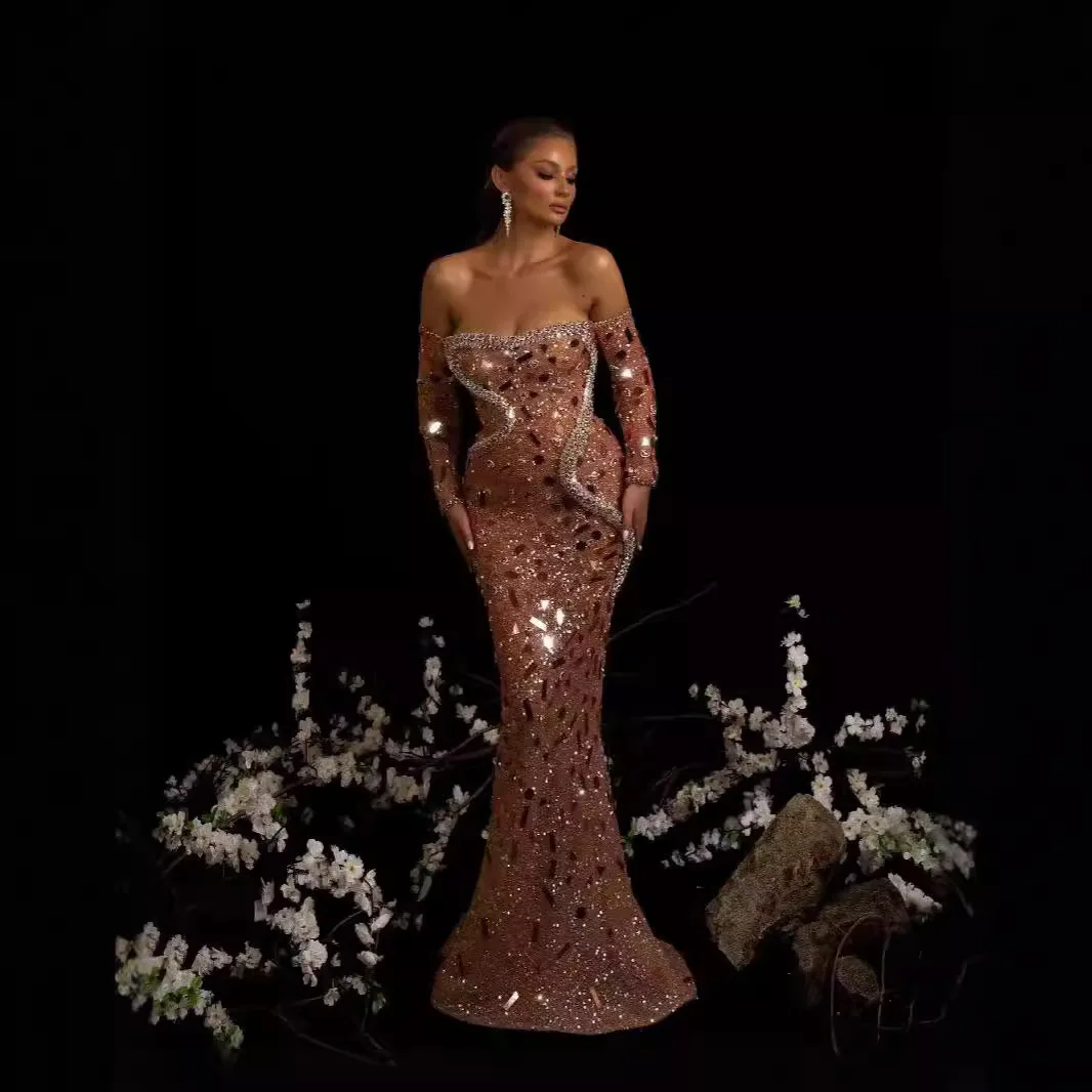 

European and American New Sequined Slim off-Shoulder Long Sleeve Set High Waist Fishtail Annual Party Party Evening Dress
