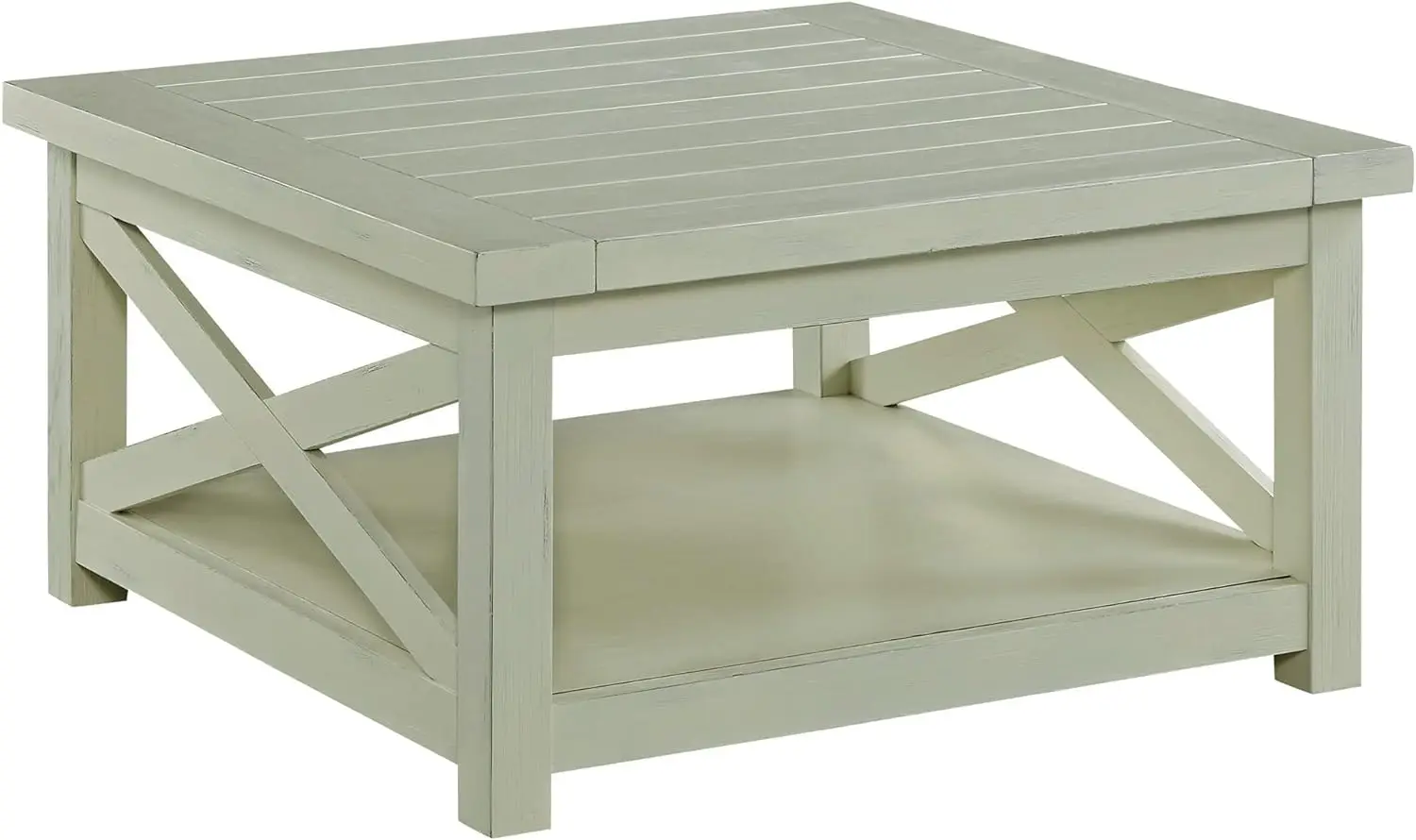 Seaside Lodge White Coffee Table, Wood 2-Tier Square Center Table with Shelf, Minimalist Design Coffee Tables for Living Room